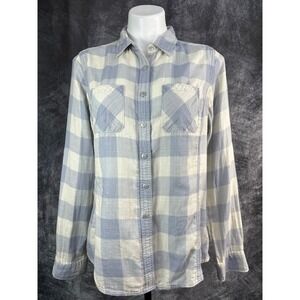 Woolrich Button Down Shirt Womens Large Blue White Plaid Roll Tab Double Gauze